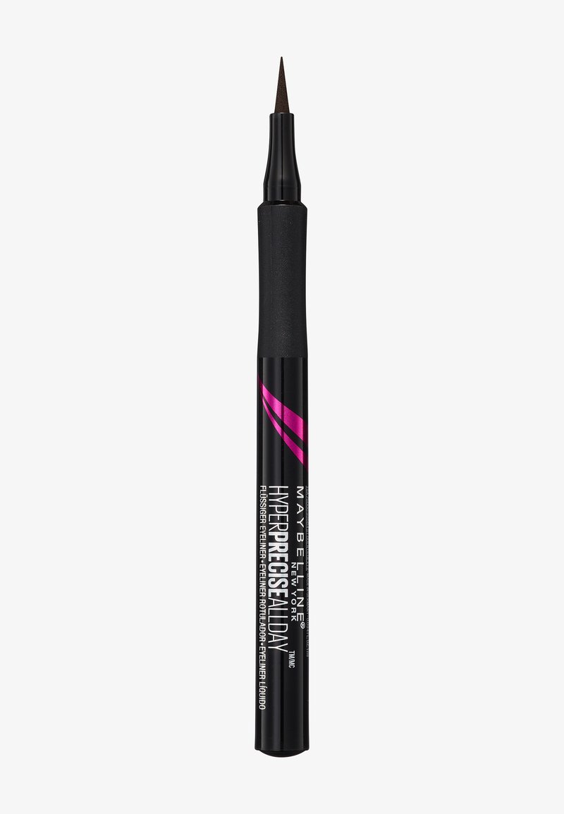 Stylo eye-liner liquide noir avec une pointe fine et pointue et des rayures diagonales roses sur le corps.