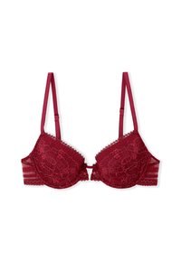 Reggiseno in pizzo rosso con motivi floreali, spalline regolabili e supporto con ferretto su sfondo bianco.