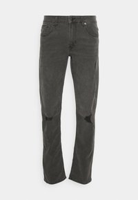 Svarte distressed jeans med rett snitt, med to hull ved knærne og klassisk fem-lommers design. Laget av denimstoff.