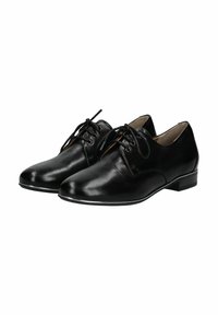Scarpe eleganti in pelle nera con una texture liscia, punta tonda, design classico con lacci e tacco basso. Stile minimalista senza branding visibile.