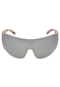 Aurinkolasit, joissa on ympäröivä muotoilu, harmaat liukuvärioptiikka ja ruusukultaiset yksityiskohdat. Kauloissa on marmoroitu rakenne.