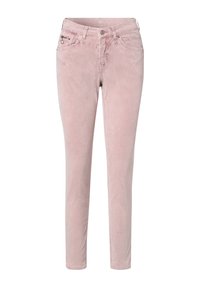 Růžové kordové kalhoty s úzkým střihem. Mají pět kapes, zipový uzávěr a jemné vertikální vroubkování pro texturu.