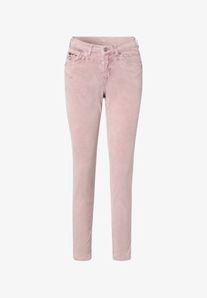 Pink corduroy pants with a slim fit. Features five pockets, a zip fly, and subtle vertical ribbing for texture.