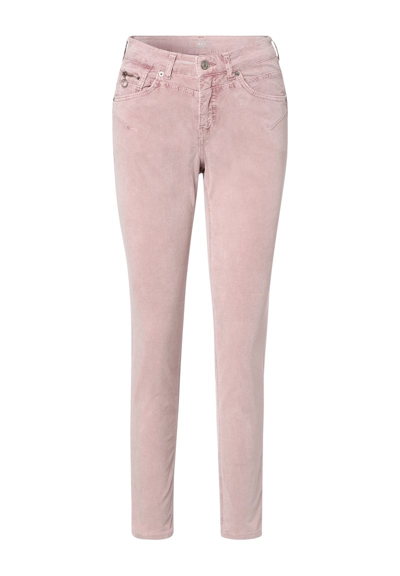 Růžové kordové kalhoty s úzkým střihem. Mají pět kapes, zipový uzávěr a jemné vertikální vroubkování pro texturu.