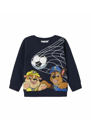Felpa blu marina con cani cartoon e un pallone da calcio, decorata con un design a rete bianca. Polsini a coste e colletto girocollo.