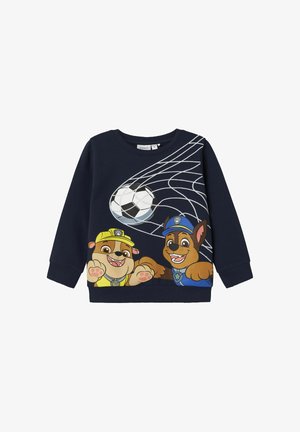 Marineblauwe sweatshirt met cartoonhonden en een voetballetje, afgewerkt met een wit netontwerp. Ribgebreide mouwen en ronde hals.