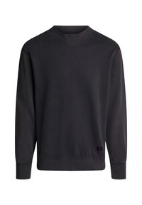 Sudadera gris oscuro de algodón suave, con cuello redondo acanalado, mangas largas y puños acanalados, con un pequeño detalle de logo en el dobladillo.