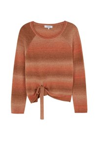 Pull en tricot dans un dégradé chaud d'orange et de brun, avec un col rond, des manches raglan et un détail de bas noué à la taille.