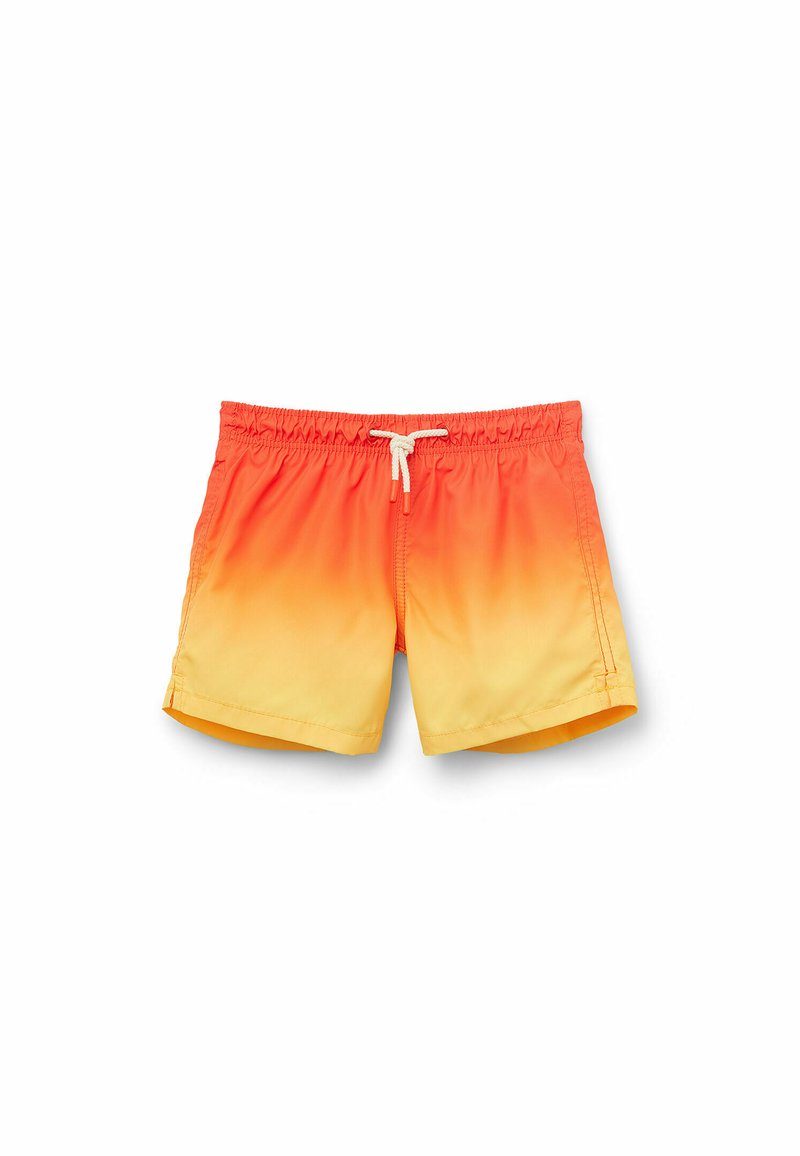 Bañador con un degradado de naranja a amarillo, confeccionado en un tejido ligero. Cuenta con una cinturilla elástica y un cordón de ajuste.
