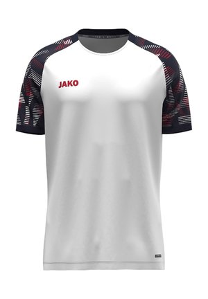 Biała sportowa koszulka z krótkimi rękawami z czarnymi i czerwonymi wzorzystymi rękawami oraz czerwonym logo JAKO na piersi.