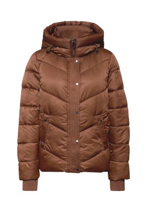 Brown puffer jacket with a zippered front, hood, and ribbed cuffs. Features a chevron pattern and side pockets with snap closures.