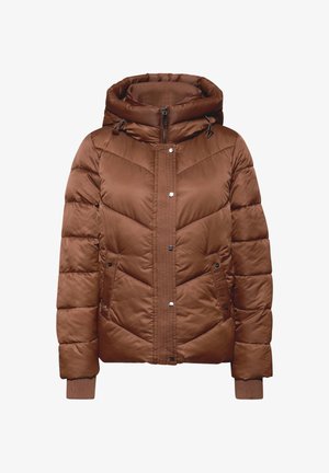 Brown puffer jacket with a zippered front, hood, and ribbed cuffs. Features a chevron pattern and side pockets with snap closures.