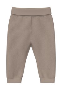 Weiche, beigefarbene Babypants mit geripptem Muster, elastischem Bündchen und Bündchen an den Knöcheln, die für Komfort und Wärme ausgelegt sind.