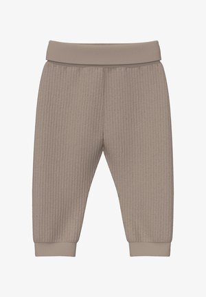 Weiche, beigefarbene Babypants mit geripptem Muster, elastischem Bündchen und Bündchen an den Knöcheln, die für Komfort und Wärme ausgelegt sind.