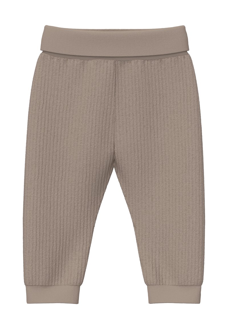 Weiche, beigefarbene Babypants mit geripptem Muster, elastischem Bündchen und Bündchen an den Knöcheln, die für Komfort und Wärme ausgelegt sind.