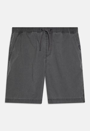 Dunkelgraue legere Shorts mit elastischem Bund, Kordelzugverschluss und Seitentaschen, flach auf weißem Hintergrund ausgelegt.