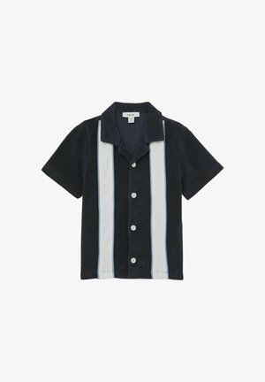 Kortærmet navyblå skjorte med hvide lodrette striber, knaplukning foran og en camp-krave.