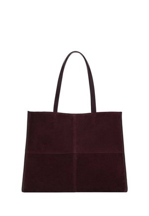 Dunkelbraune Leder-Shopper-Tasche mit zwei langen Henkeln und einem gesteppten quadratischen Paneeldesign auf der Vorderseite.