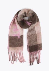 Écharpe en laine à motif carreauté rose et marron, avec des extrémités à franges et une texture douce. Le mot "TNT" est imprimé en rose clair.