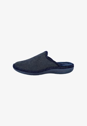 Pantuflas de casa de color azul marino con parte superior de tejido texturizado y suela acolchada, diseñadas para la comodidad en interiores.
