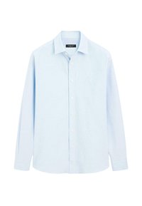 Jasnoniebieska, długorękawowa koszula z guzikami, wykonana z gładkiego materiału. Posiada klasyczny kołnierzyk, zapięcie na guziki z przodu i mankiety z zaokrąglonymi brzegami.