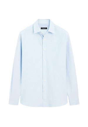 Camicia azzurro chiaro a maniche lunghe con bottoni realizzata in un tessuto morbido. Presenta un colletto classico, chiusura con bottoni e polsini con bordi arrotondati.