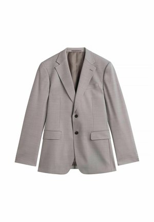 Lysegrå herreblazer med hakrevers, to forlommer med klap, brystlomme og to sorte knapper på hvid baggrund.