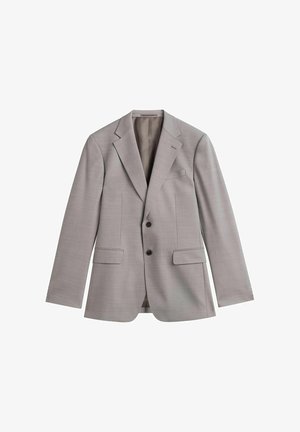 Lysegrå herreblazer med hakrevers, to forlommer med klap, brystlomme og to sorte knapper på hvid baggrund.
