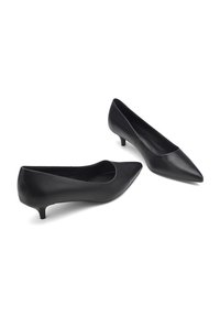 Zapatos de tacón bajo de cuero negro con punta afilada, textura suave y diseño minimalista. Presentan un tacón modesto para mayor comodidad.