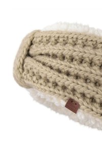 Dzianinowa opaska na głowę w odcieniach beżu i kremu z textured wzorem, wyposażona w miękką fleecową podszewkę oraz małą skórzaną metkę z napisem "Buckley Michel".