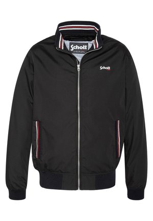 Veste bomber noire en tissu lisse, munie d'un col rayé blanc, rouge et bleu, d'une fermeture éclair à l'avant et de poches latérales avec des accents rayés.