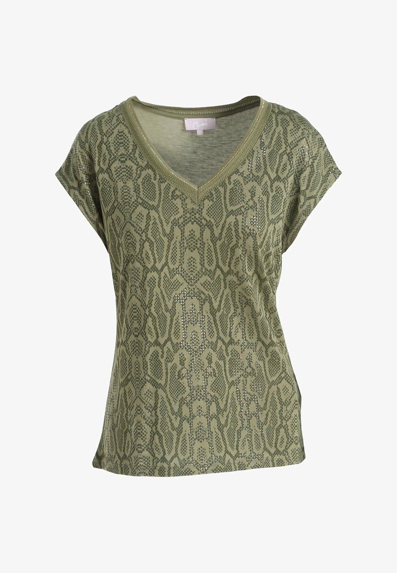 Blouse verte à manches courtes avec col en V, motif imprimé serpent et petites décorations brillantes sur le tissu.