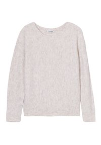 Maglione beige chiaro con motivo a spina di pesce, maniche lunghe, scollatura rotonda, polsini e orlo a coste, realizzato in morbido tessuto a maglia.