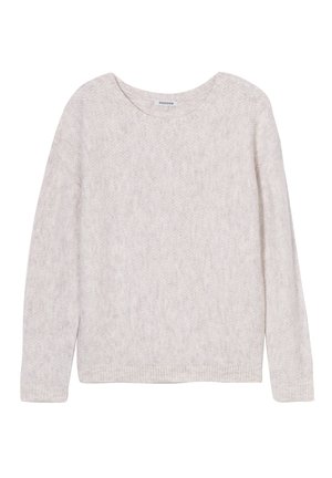 Lichtbeige trui met een visgraatpatroon, lange mouwen, ronde halslijn, geribde manchetten en zoom, gemaakt van zachte breimateriaal.