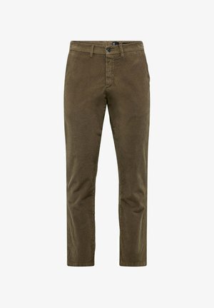 Korduhosen in Olivgrün, mit geradem Bein, subtiler Textur, fünf Taschen und einem Knopf- und Reißverschluss.