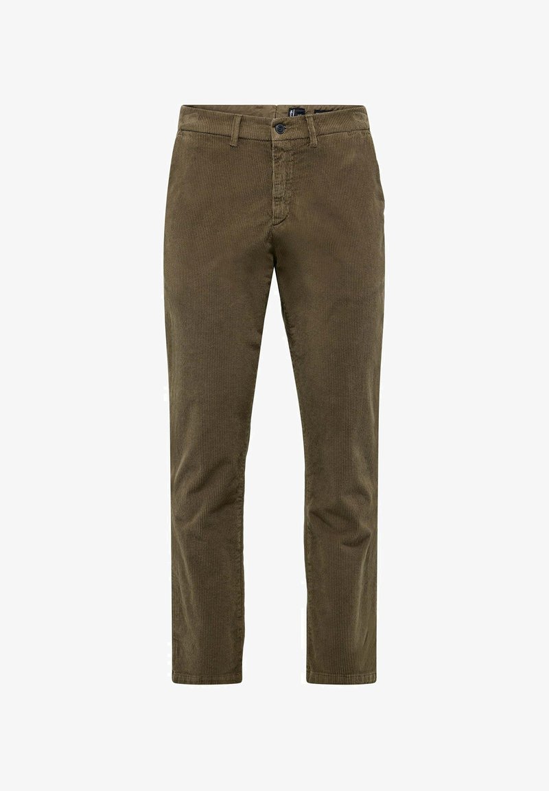 Corduroy trousers in olive green, featuring a straight leg design, subtle texture, five-pocket styling, and a button and zipper closure.