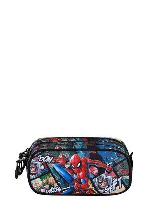 Funda de lápices de Spider-Man hecha de un tejido duradero, con un diseño de cómic multicolor, cierres de cremallera y acentos gráficos.