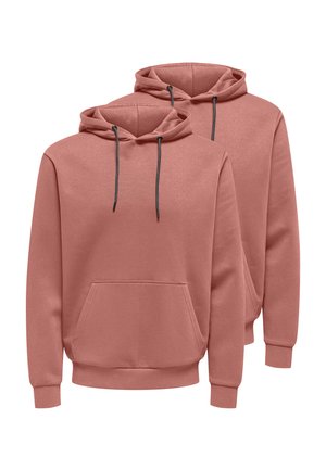 Twee stoffige roze hoodies met voorzakken en zwarte trekkoorden, weergegeven op een witte achtergrond.