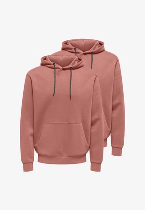 Twee stoffige roze hoodies met voorzakken en zwarte trekkoorden, weergegeven op een witte achtergrond.