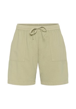 Beige knee-length casual shorts with elastic waistband, front drawstring, and two large front patch pockets.