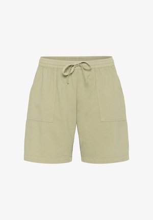 Beige knee-length casual shorts with elastic waistband, front drawstring, and two large front patch pockets.