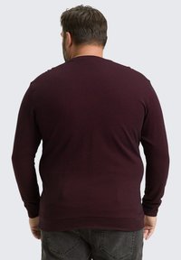 Bordeaux lange mouw shirt, ribbeltextuur, ronde halslijn, zachte stof, aansluitende mouwen, met een rechte zoom en minimale stikseldetails.