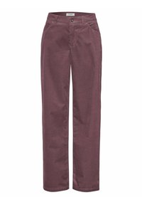 Burgundy corduroy trousers with a straight leg design, featuring a zipper fly, front pockets, and subtle vertical ribbed texture.