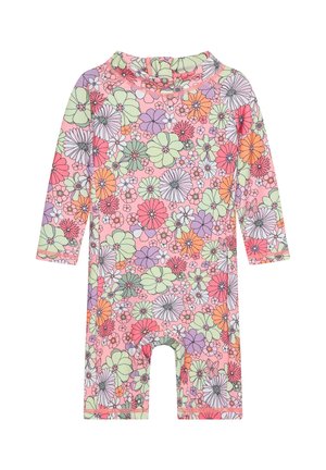 Einteiliger Badeanzug mit langen Ärmeln für Kleinkinder, in Pastellrosa mit einem mehrfarbigen Blumenmuster in Grün, Orange, Lila und Weiß.