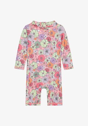 Maillot de bain une pièce à manches longues pour tout-petit, avec une base rose pastel et un motif floral multicolore en vert, orange, violet et blanc.