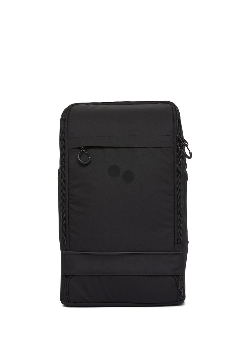 Schwarzer Rucksack aus strapazierfähigem Stoff. Rechteckige Form mit zwei Reißverschlussfächern und glatter Oberfläche. Verfügt über zwei kreisförmige Designs auf der Vorderseite.