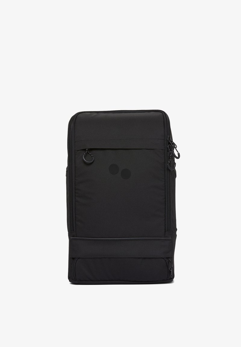 Schwarzer Rucksack aus strapazierfähigem Stoff. Rechteckige Form mit zwei Reißverschlussfächern und glatter Oberfläche. Verfügt über zwei kreisförmige Designs auf der Vorderseite.