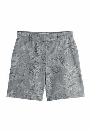 Graue Freizeithose mit dezenten tropischen Blattmustern, Gürtelschlaufen, Vordertaschen und einer flachen Vorderseite.