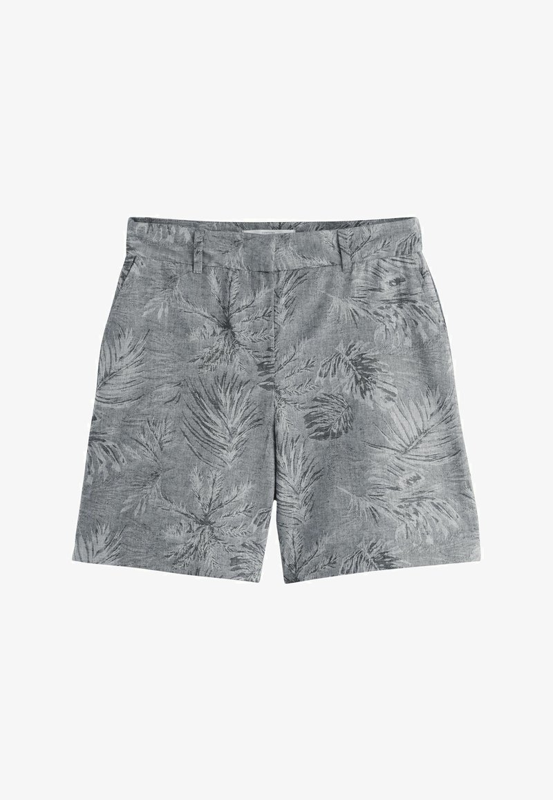 Shorts décontractés gris avec motifs subtils de feuilles tropicales, passants pour ceinture, poches avant et design à devant plat.