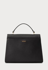 Black leather handbag with a structured design, featuring a top handle and gold-tone logo at the center. Smooth texture with clean lines.
